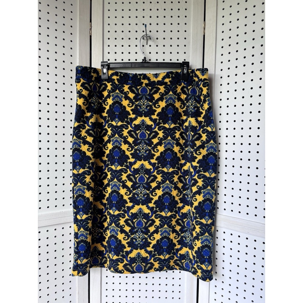 Brixon Ivy Women's 2X Blue Yellow‎ Geo Abstract Pencil Skirt Lined Stretch Knee
